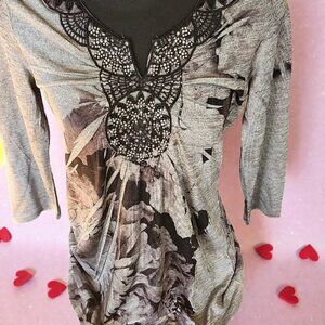 ONE WORLD Gray and Black Beaded Long Sleeve Top